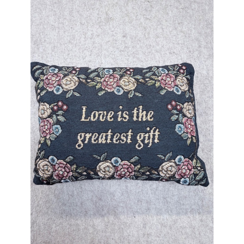 Vintage Throw Accent Pillow Navy Blue Floral Tapestry "Love is the gratest gift"